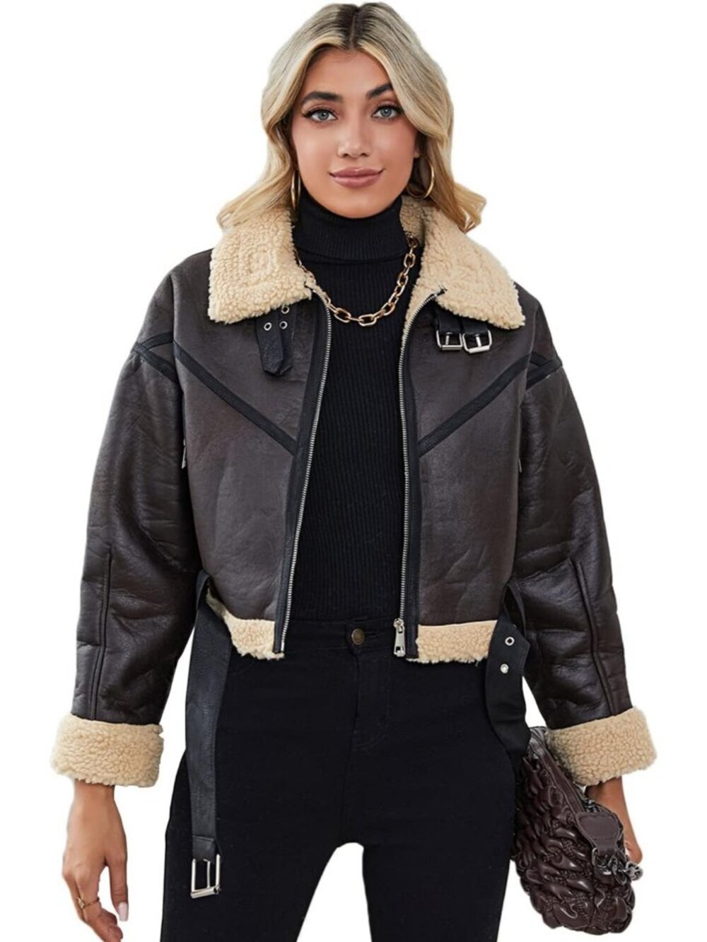 Women's Brown Polyester Faux Shearing Moto Thick Lined Winter Leather Jacket